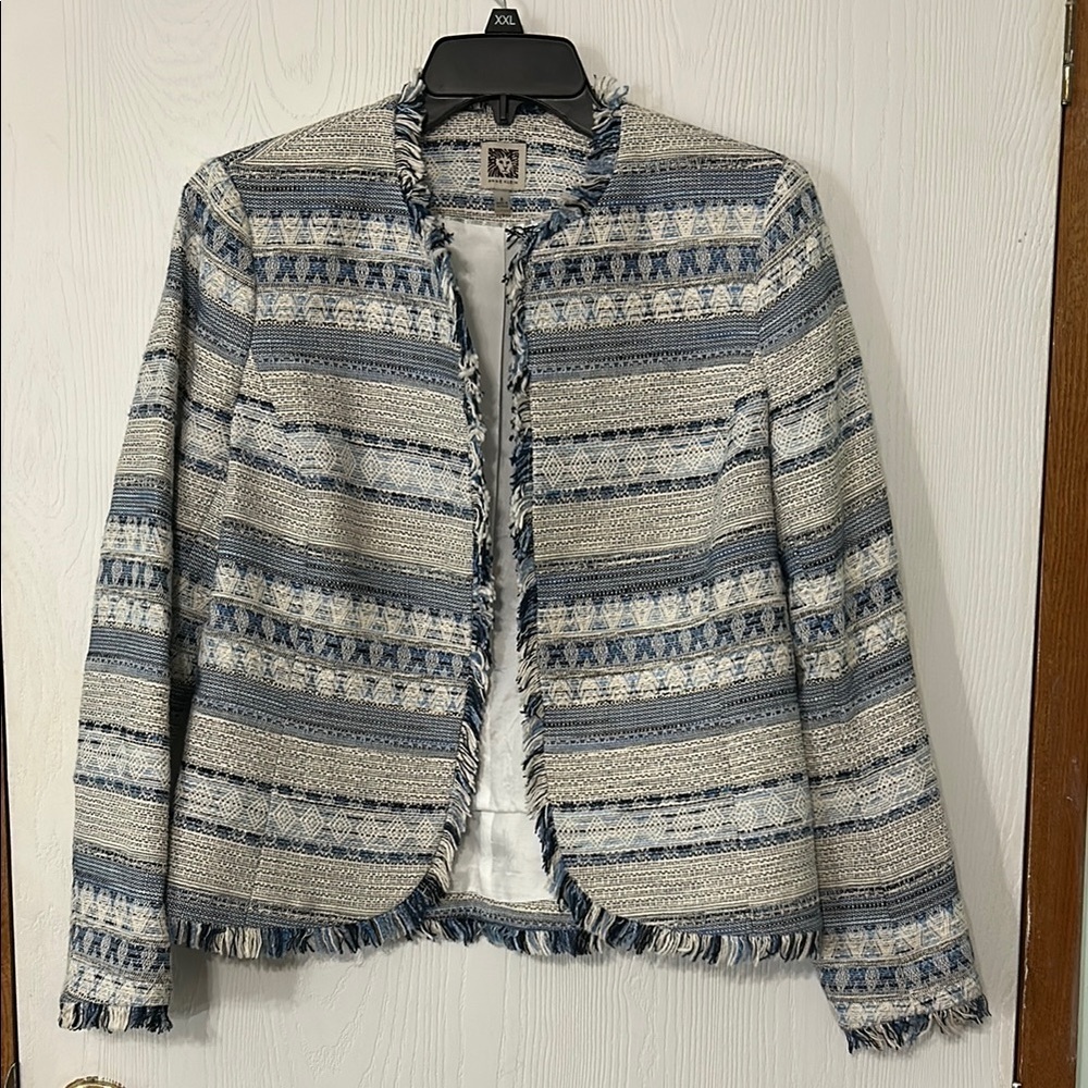 ANNE KLEIN Women’s Striped Blue and White Cropped Jacket